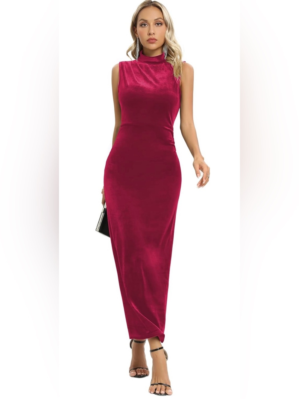 Women’s Backless Velvet Maxi Ruched Dress With Back Slit - Rose Red Size Small
